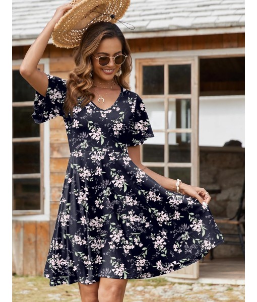Zeagoo Womens Summer Dress Casual Swing Floral Ruffle Short Sleeve Sundresses Beach Mini A-line Shift Dress 2025 with Pockets