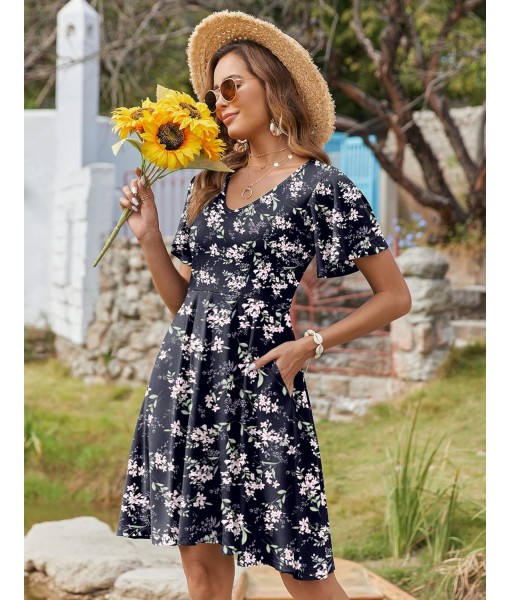 Zeagoo Womens Summer Dress Casual Swing Floral Ruffle Short Sleeve Sundresses Beach Mini A-line Shift Dress 2025 with Pockets