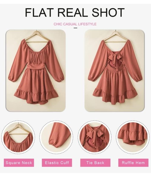 Dokotoo Womens Dress Long Lantern Sleeve Square Neck Tie Backless Sexy Dress Ruffle Elastic Waist A-Line Mini Dress