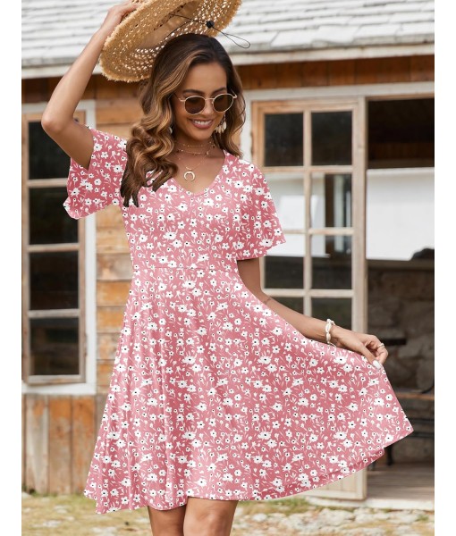 Zeagoo Womens Summer Dress Casual Swing Floral Ruffle Short Sleeve Sundresses Beach Mini A-line Shift Dress 2025 with Pockets