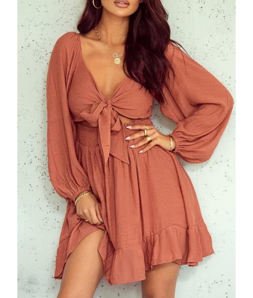 Dokotoo Womens Dress Long Lantern Sleeve Square Neck Tie Backless Sexy Dress Ruffle Elastic Waist A-Line Mini Dress