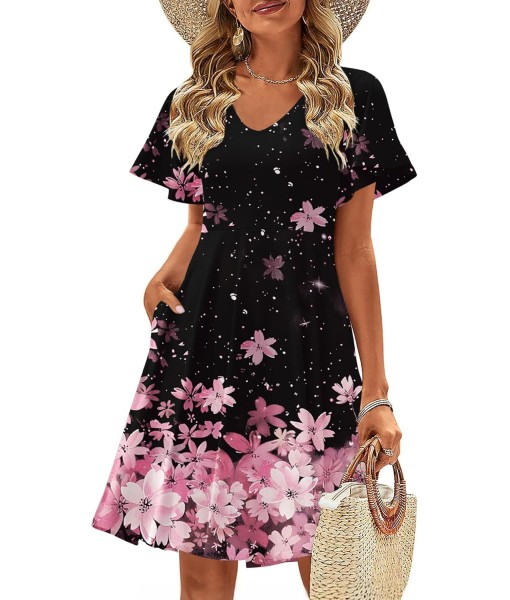 Zeagoo Womens Summer Dress Casual Swing Floral Ruffle Short Sleeve Sundresses Beach Mini A-line Shift Dress 2025 with Pockets
