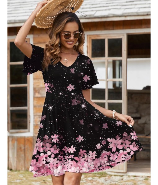 Zeagoo Womens Summer Dress Casual Swing Floral Ruffle Short Sleeve Sundresses Beach Mini A-line Shift Dress 2025 with Pockets