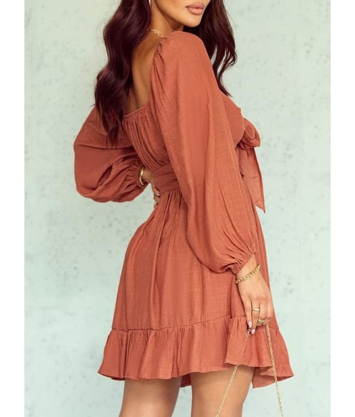 Dokotoo Womens Dress Long Lantern Sleeve Square Neck Tie Backless Sexy Dress Ruffle Elastic Waist A-Line Mini Dress