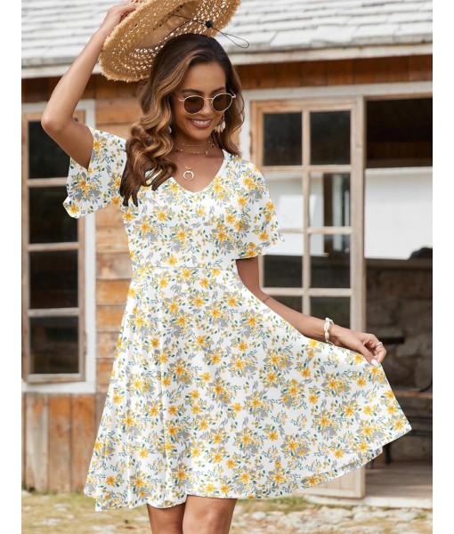 Zeagoo Womens Summer Dress Casual Swing Floral Ruffle Short Sleeve Sundresses Beach Mini A-line Shift Dress 2025 with Pockets