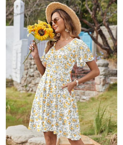 Zeagoo Womens Summer Dress Casual Swing Floral Ruffle Short Sleeve Sundresses Beach Mini A-line Shift Dress 2025 with Pockets