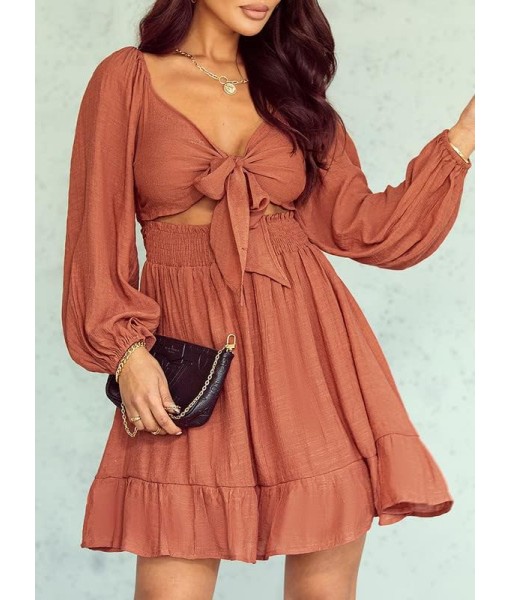 Dokotoo Womens Dress Long Lantern Sleeve Square Neck Tie Backless Sexy Dress Ruffle Elastic Waist A-Line Mini Dress
