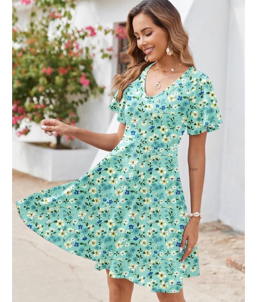 Zeagoo Womens Summer Dress Casual Swing Floral Ruffle Short Sleeve Sundresses Beach Mini A-line Shift Dress 2025 with Pockets