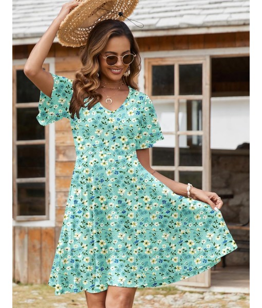 Zeagoo Womens Summer Dress Casual Swing Floral Ruffle Short Sleeve Sundresses Beach Mini A-line Shift Dress 2025 with Pockets
