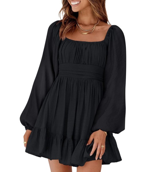 Dokotoo Womens Dress Long Lantern Sleeve Square Neck Tie Backless Sexy Dress Ruffle Elastic Waist A-Line Mini Dress