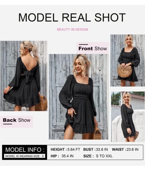 Dokotoo Womens Dress Long Lantern Sleeve Square Neck Tie Backless Sexy Dress Ruffle Elastic Waist A-Line Mini Dress