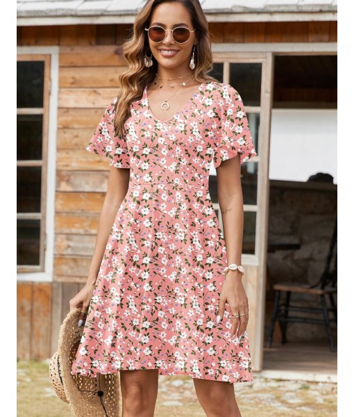 Zeagoo Womens Summer Dress Casual Swing Floral Ruffle Short Sleeve Sundresses Beach Mini A-line Shift Dress 2025 with Pockets