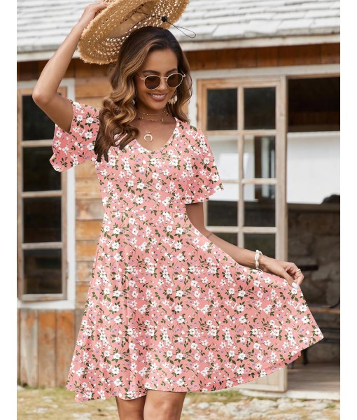 Zeagoo Womens Summer Dress Casual Swing Floral Ruffle Short Sleeve Sundresses Beach Mini A-line Shift Dress 2025 with Pockets