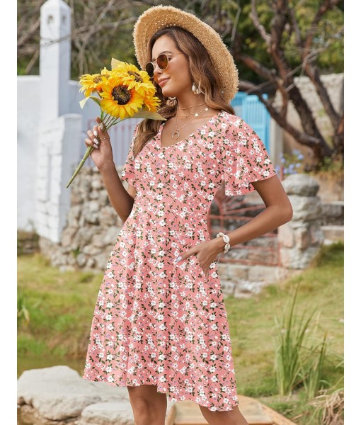 Zeagoo Womens Summer Dress Casual Swing Floral Ruffle Short Sleeve Sundresses Beach Mini A-line Shift Dress 2025 with Pockets