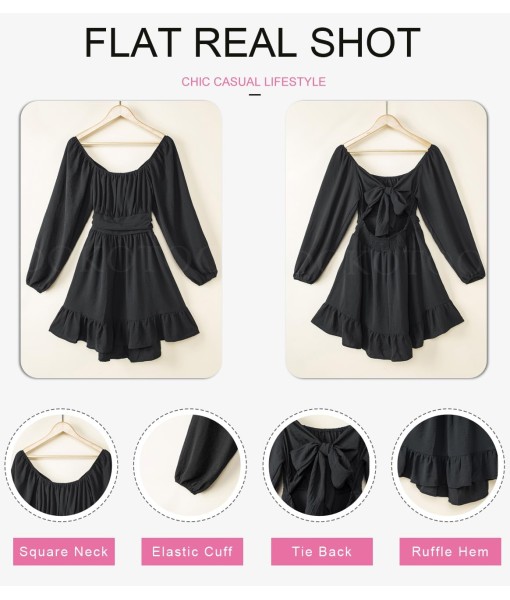 Dokotoo Womens Dress Long Lantern Sleeve Square Neck Tie Backless Sexy Dress Ruffle Elastic Waist A-Line Mini Dress
