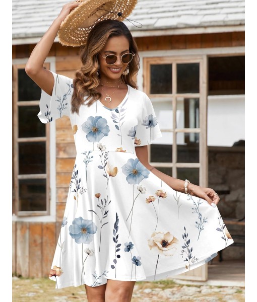 Zeagoo Womens Summer Dress Casual Swing Floral Ruffle Short Sleeve Sundresses Beach Mini A-line Shift Dress 2025 with Pockets