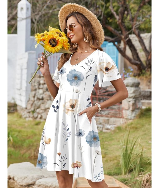 Zeagoo Womens Summer Dress Casual Swing Floral Ruffle Short Sleeve Sundresses Beach Mini A-line Shift Dress 2025 with Pockets