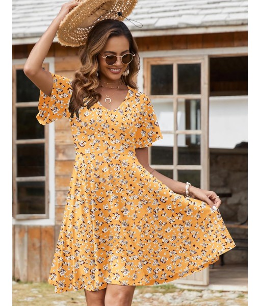 Zeagoo Womens Summer Dress Casual Swing Floral Ruffle Short Sleeve Sundresses Beach Mini A-line Shift Dress 2025 with Pockets