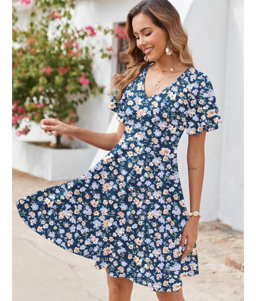 Zeagoo Womens Summer Dress Casual Swing Floral Ruffle Short Sleeve Sundresses Beach Mini A-line Shift Dress 2025 with Pockets