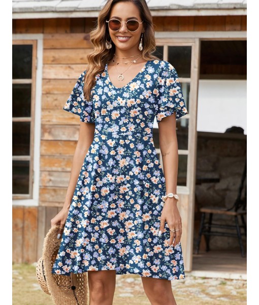 Zeagoo Womens Summer Dress Casual Swing Floral Ruffle Short Sleeve Sundresses Beach Mini A-line Shift Dress 2025 with Pockets