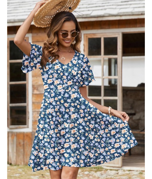 Zeagoo Womens Summer Dress Casual Swing Floral Ruffle Short Sleeve Sundresses Beach Mini A-line Shift Dress 2025 with Pockets