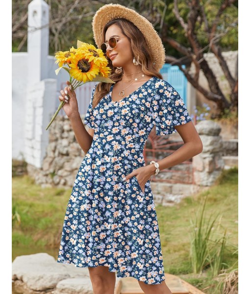 Zeagoo Womens Summer Dress Casual Swing Floral Ruffle Short Sleeve Sundresses Beach Mini A-line Shift Dress 2025 with Pockets