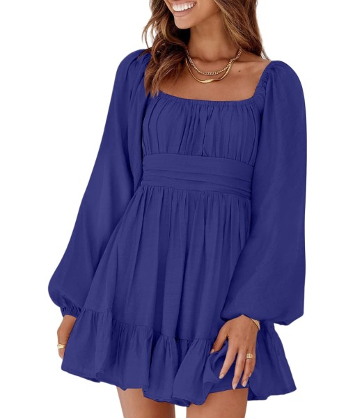 Dokotoo Womens Dress Long Lantern Sleeve Square Neck Tie Backless Sexy Dress Ruffle Elastic Waist A-Line Mini Dress
