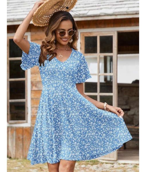 Zeagoo Womens Summer Dress Casual Swing Floral Ruffle Short Sleeve Sundresses Beach Mini A-line Shift Dress 2025 with Pockets