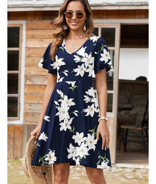 Zeagoo Womens Summer Dress Casual Swing Floral Ruffle Short Sleeve Sundresses Beach Mini A-line Shift Dress 2025 with Pockets