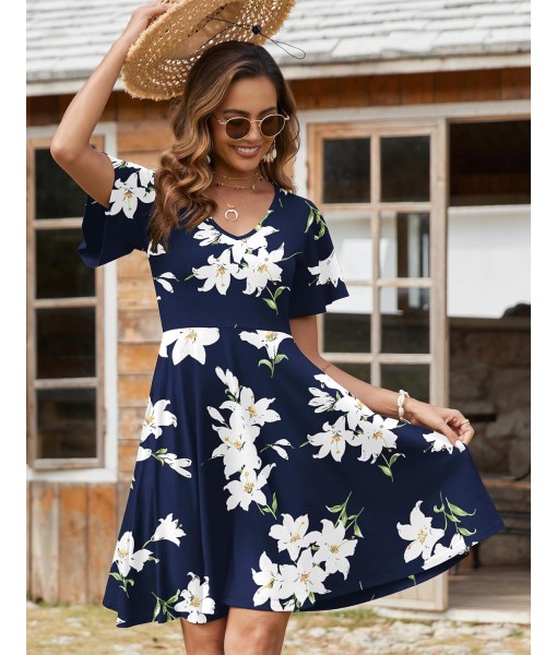 Zeagoo Womens Summer Dress Casual Swing Floral Ruffle Short Sleeve Sundresses Beach Mini A-line Shift Dress 2025 with Pockets