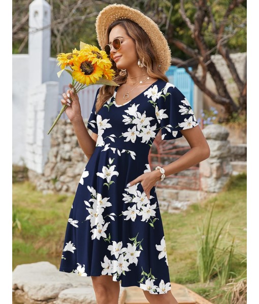 Zeagoo Womens Summer Dress Casual Swing Floral Ruffle Short Sleeve Sundresses Beach Mini A-line Shift Dress 2025 with Pockets