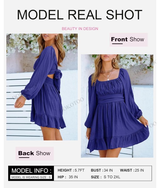 Dokotoo Womens Dress Long Lantern Sleeve Square Neck Tie Backless Sexy Dress Ruffle Elastic Waist A-Line Mini Dress