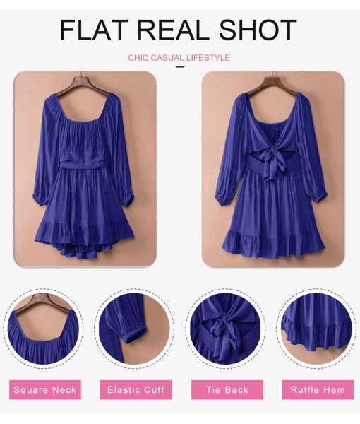 Dokotoo Womens Dress Long Lantern Sleeve Square Neck Tie Backless Sexy Dress Ruffle Elastic Waist A-Line Mini Dress