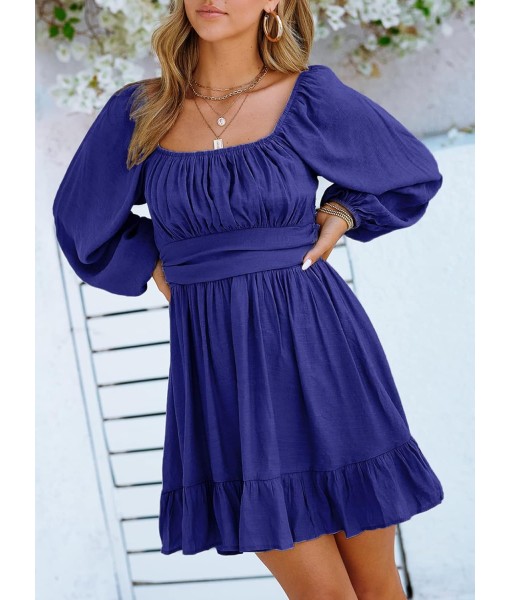 Dokotoo Womens Dress Long Lantern Sleeve Square Neck Tie Backless Sexy Dress Ruffle Elastic Waist A-Line Mini Dress