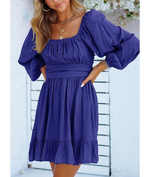 Dokotoo Womens Dress Long Lantern Sleeve Square Neck Tie Backless Sexy Dress Ruffle Elastic Waist A-Line Mini Dress