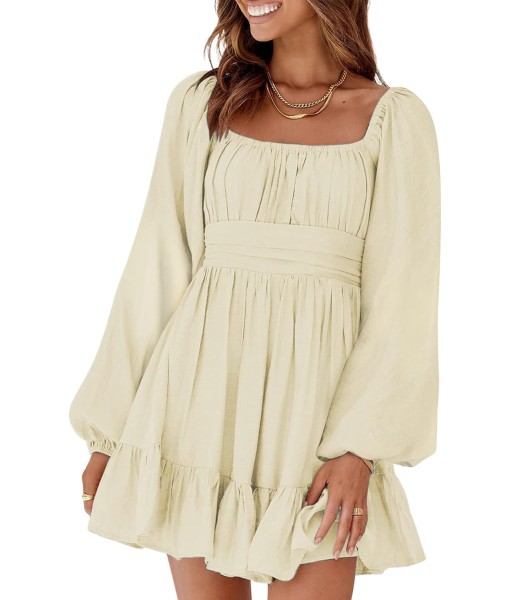 Dokotoo Womens Dress Long Lantern Sleeve Square Neck Tie Backless Sexy Dress Ruffle Elastic Waist A-Line Mini Dress
