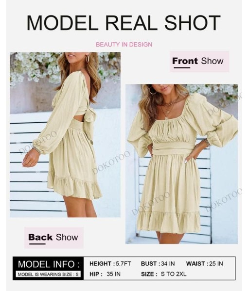 Dokotoo Womens Dress Long Lantern Sleeve Square Neck Tie Backless Sexy Dress Ruffle Elastic Waist A-Line Mini Dress