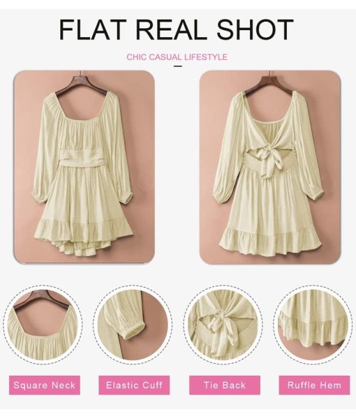 Dokotoo Womens Dress Long Lantern Sleeve Square Neck Tie Backless Sexy Dress Ruffle Elastic Waist A-Line Mini Dress