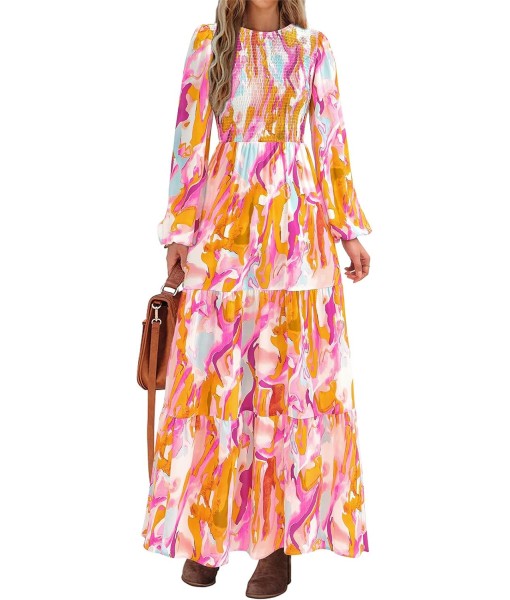 PRETTYGARDEN Women's Fall Dresses 2025 Long Sleeve Flowy Casual Floral Maxi Dress Crew Neck Smocked Tiered Long Dress