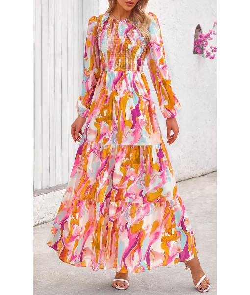 PRETTYGARDEN Women's Fall Dresses 2025 Long Sleeve Flowy Casual Floral Maxi Dress Crew Neck Smocked Tiered Long Dress