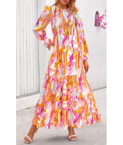 PRETTYGARDEN Women's Fall Dresses 2025 Long Sleeve Flowy Casual Floral Maxi Dress Crew Neck Smocked Tiered Long Dress