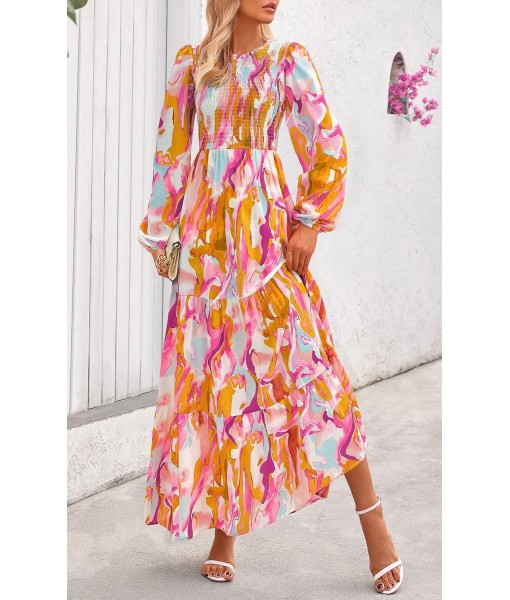 PRETTYGARDEN Women's Fall Dresses 2025 Long Sleeve Flowy Casual Floral Maxi Dress Crew Neck Smocked Tiered Long Dress