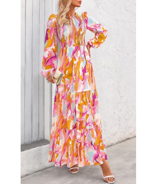PRETTYGARDEN Women's Fall Dresses 2025 Long Sleeve Flowy Casual Floral Maxi Dress Crew Neck Smocked Tiered Long Dress