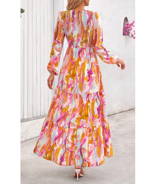 PRETTYGARDEN Women's Fall Dresses 2025 Long Sleeve Flowy Casual Floral Maxi Dress Crew Neck Smocked Tiered Long Dress