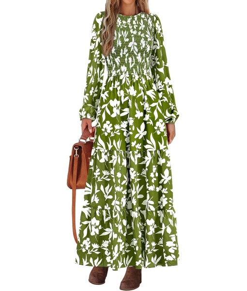 PRETTYGARDEN Women's Fall Dresses 2025 Long Sleeve Flowy Casual Floral Maxi Dress Crew Neck Smocked Tiered Long Dress