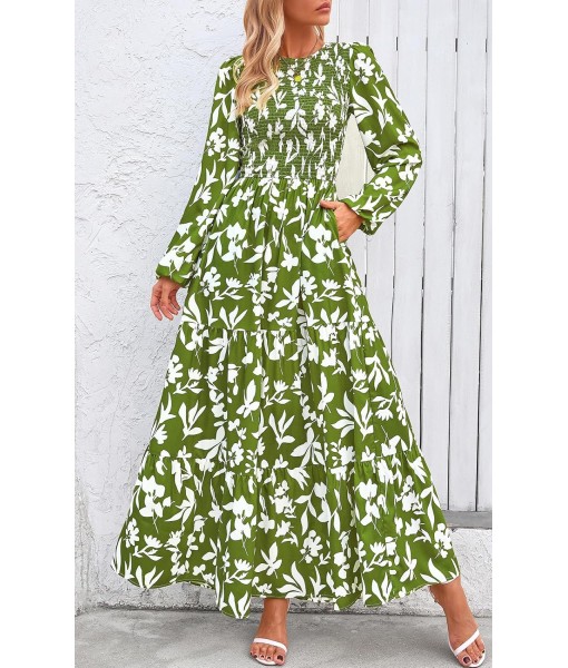 PRETTYGARDEN Women's Fall Dresses 2025 Long Sleeve Flowy Casual Floral Maxi Dress Crew Neck Smocked Tiered Long Dress