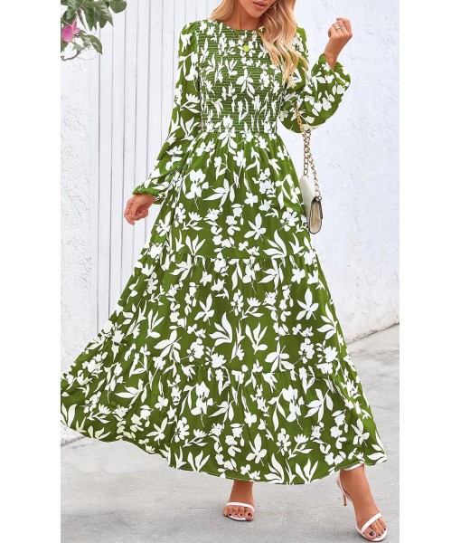 PRETTYGARDEN Women's Fall Dresses 2025 Long Sleeve Flowy Casual Floral Maxi Dress Crew Neck Smocked Tiered Long Dress