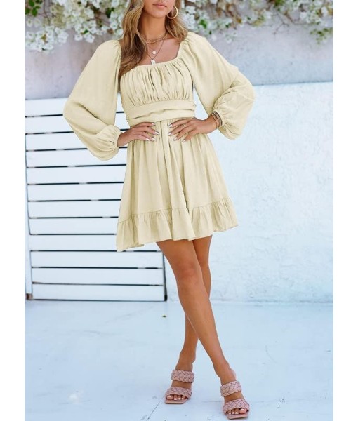 Dokotoo Womens Dress Long Lantern Sleeve Square Neck Tie Backless Sexy Dress Ruffle Elastic Waist A-Line Mini Dress