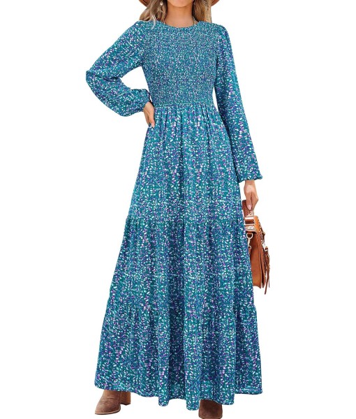 PRETTYGARDEN Women's Fall Dresses 2025 Long Sleeve Flowy Casual Floral Maxi Dress Crew Neck Smocked Tiered Long Dress