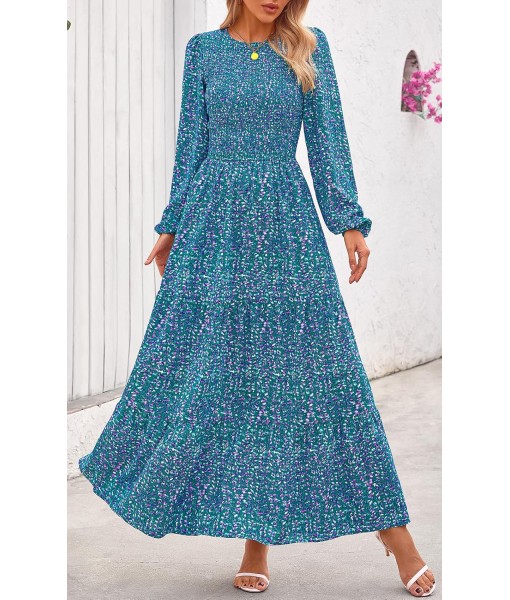 PRETTYGARDEN Women's Fall Dresses 2025 Long Sleeve Flowy Casual Floral Maxi Dress Crew Neck Smocked Tiered Long Dress